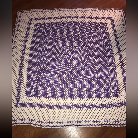 Rare Vintage Crochet Afghan Ombre Grape Purple 72”x72”Queen Throw Blanket